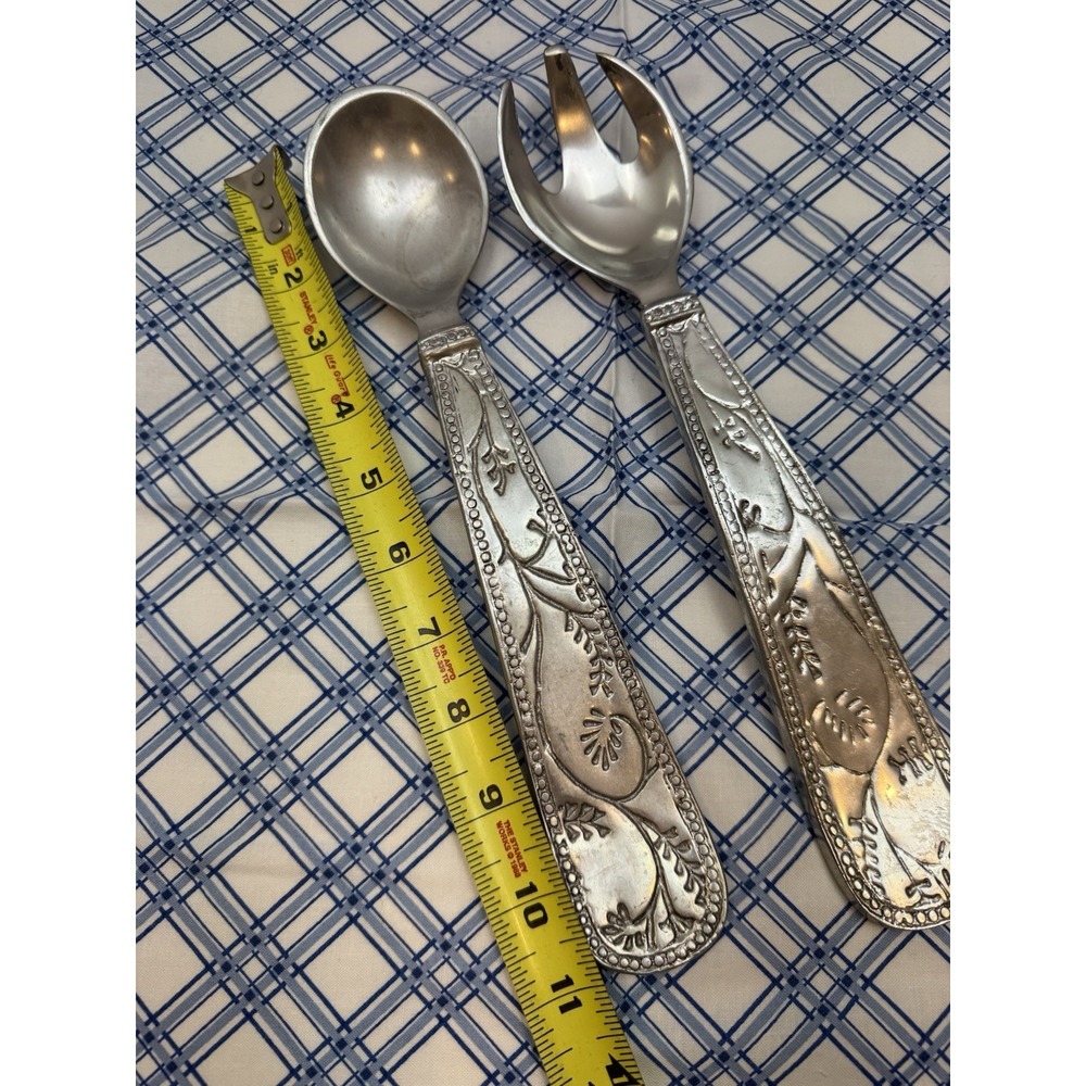 Pewter Metal Floral Salad Server Set, Spoon Fork, Matte Silver Finish, 10 Inch - Picture 6 of 6